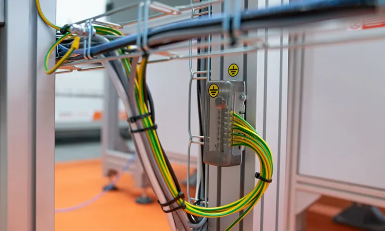 Organizované elektrické vodiče připojené k uzemňovacímu bloku v průmyslovém rámu.