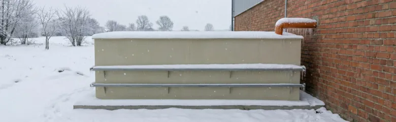 Velká nádrž na vodu pokrytá sněhem u cihlové zdi.