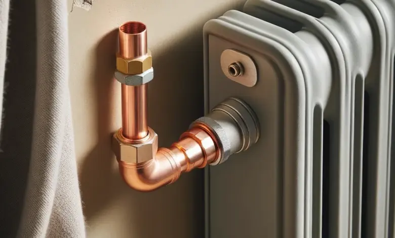 Přípojka radiátoru s měděnou hadicí na spodním připojení.