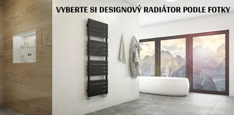 Moderní černý radiátor v koupelně s výhledem na hory.