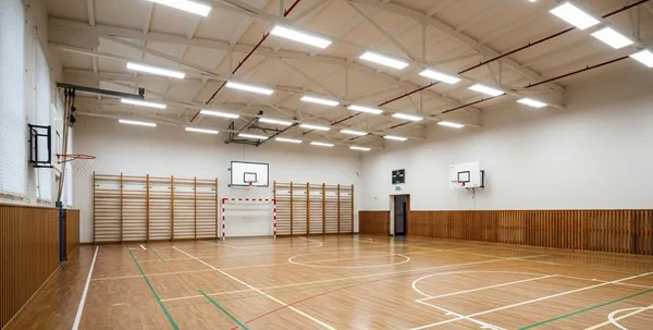 Vnitřní sportovní hala s osvětlením a vybavením pro basketbal.