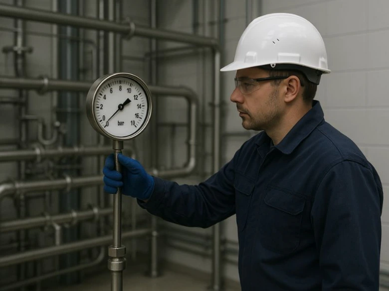 Worker checking pressure gauge