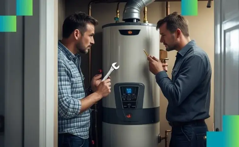 Dva technici opravují ohřívač vody Ariston s klíčem.