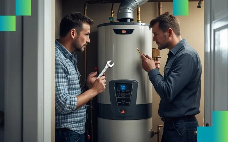 Dva technici opravují ohřívač vody Ariston s klíčem.