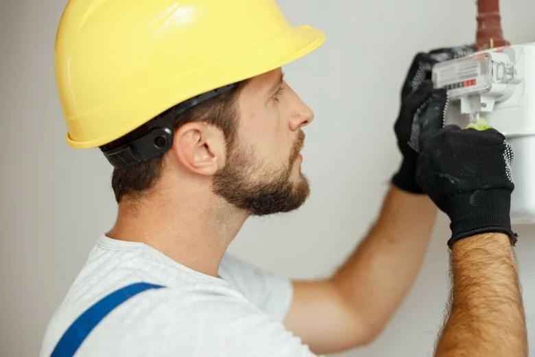 Muž v žluté helmetě montuje plynový měřič na zeď.