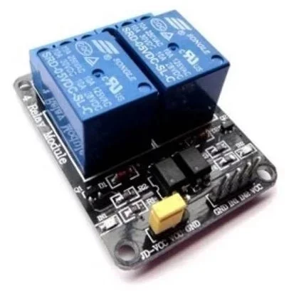 Modul s dvěma modrými elektromagnetickými relé na elektronické desce.