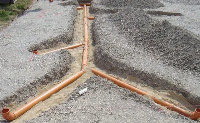 Oranžové kanalizační trubice v příkopu pro správnou hloubku.