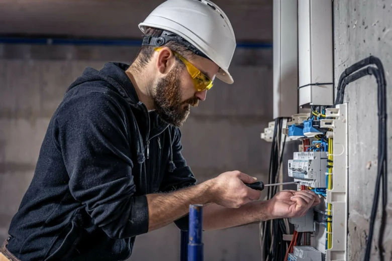 Elektrikář pracuje na rozvaděči s jističem v domácnosti.