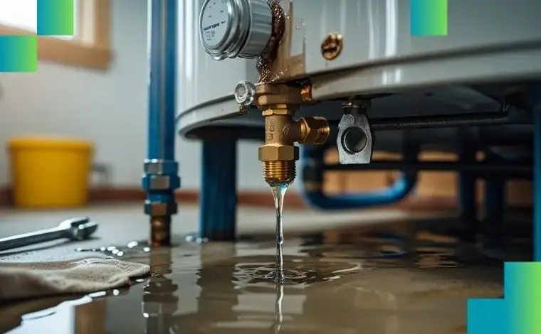 Kapající pojistný ventil na ohřívači vody s nářadím vedle.