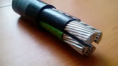 Průřez elektrickým kabelem s viditelnou izolací vodičů.