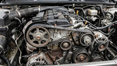 Otevřený motor automobilu s viditelnými řemeny a komponentami kolem místa autobaterie.