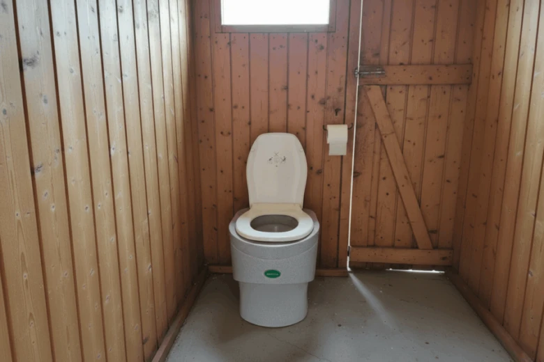 Bílý suchý záchod v dřevěné chůvi typický pro skandinávské kompostové toalety.
