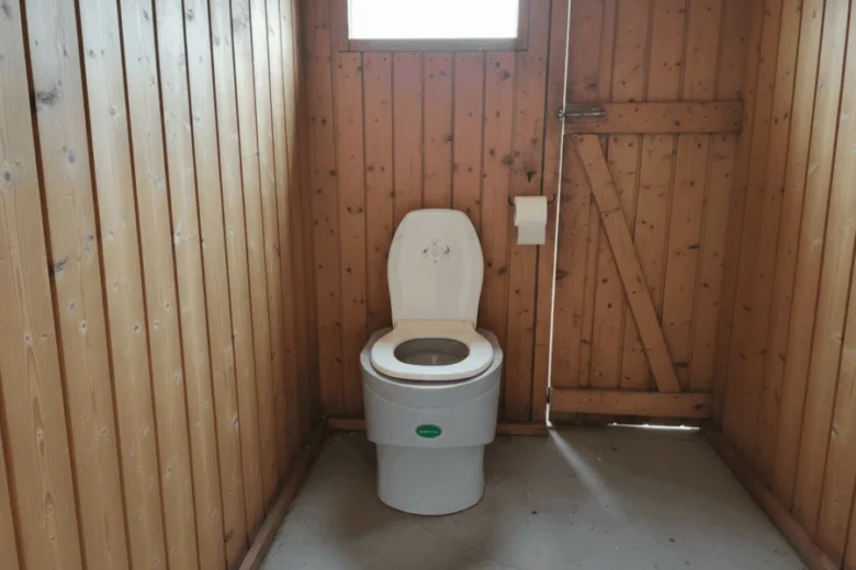 Suchý záchod v dřevěné chatové toaletní místnosti.