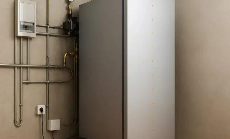Moderní elektrický kotel s příslušenstvím v technické místnosti.