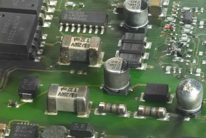 Zelená deska s elektronickými součástkami pro ochranu před přepětím.
