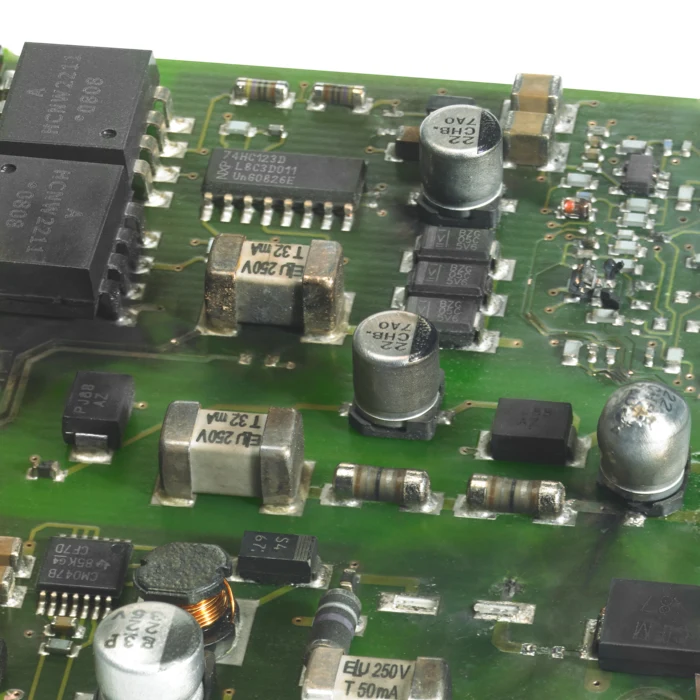 Zelená deska s elektronickými součástkami pro ochranu před přepětím.