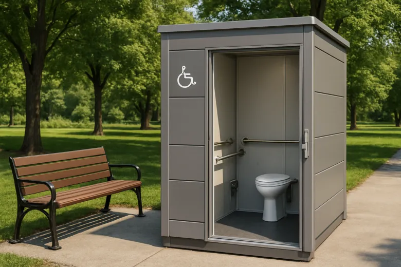 Dostupný venkovní záchod v parku s WC pro invalidy.