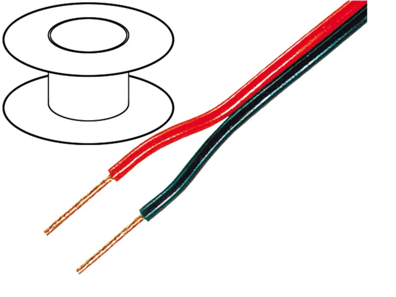 Kabel pro reproduktory s červenou a černou izolací.