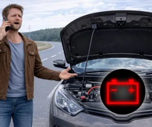 Muž stojí u auta s otevřenou motorkou na silnici.