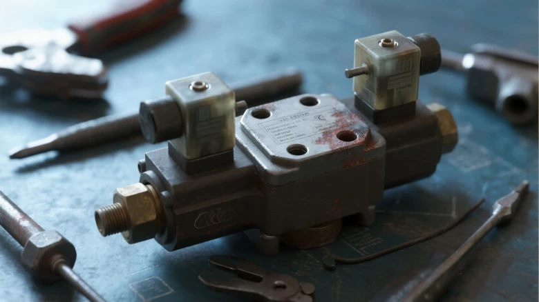 Hydraulický ventil s nářadím pro opravu na stolu.