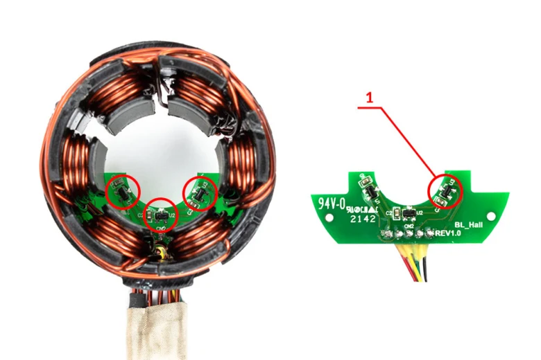 Státor elektromotoru s třemi senzory Hallova efektu pro komutaci