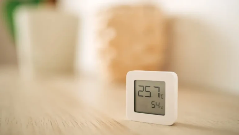 Digitální teploměr s vlhkostí pro měření kvality vnitřního vzduchu.