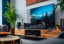 Moderní obývací pokoj s televizorem LG v centru mezi rostlinami.