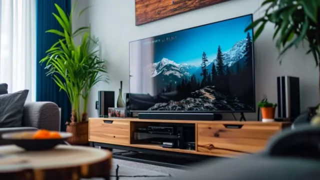 Moderní obývací pokoj s televizorem LG v centru mezi rostlinami.