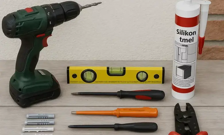 Nástroje pro bezpečné připojení nástěnné lampy včetně vrtáku a šroubů.