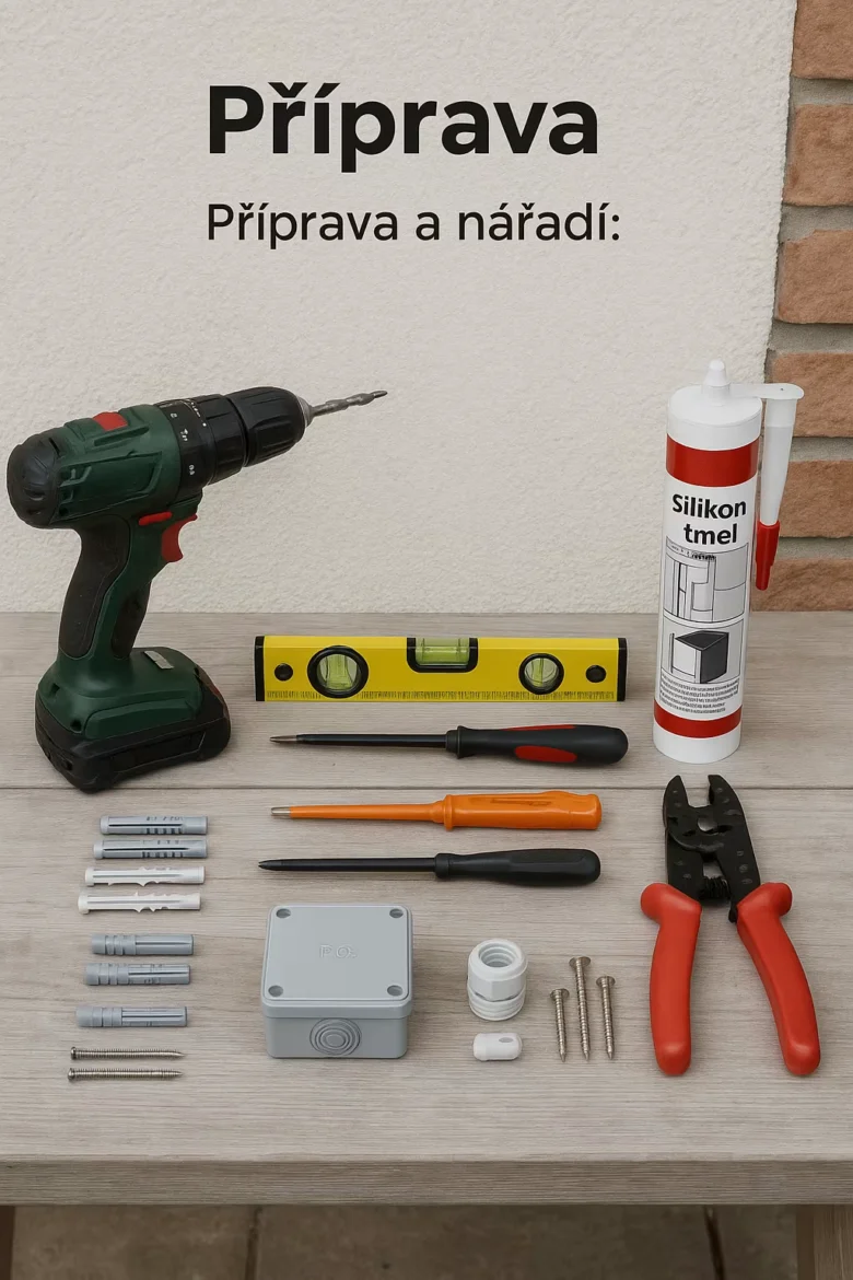 Nástroje pro bezpečné připojení nástěnné lampy včetně vrtáku a šroubů.