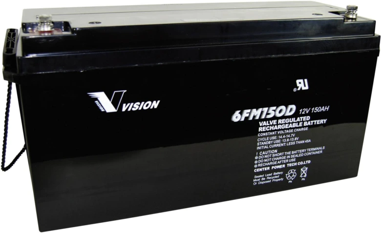 Černá olověno-kyselinová baterie značky Vision s technickými údaji.