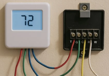 Připojení termostatu s barevnými kabely k označeným konektorům.