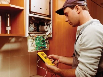 Technik měří elektrický kotel multimetrem při diagnostice poruchy.
