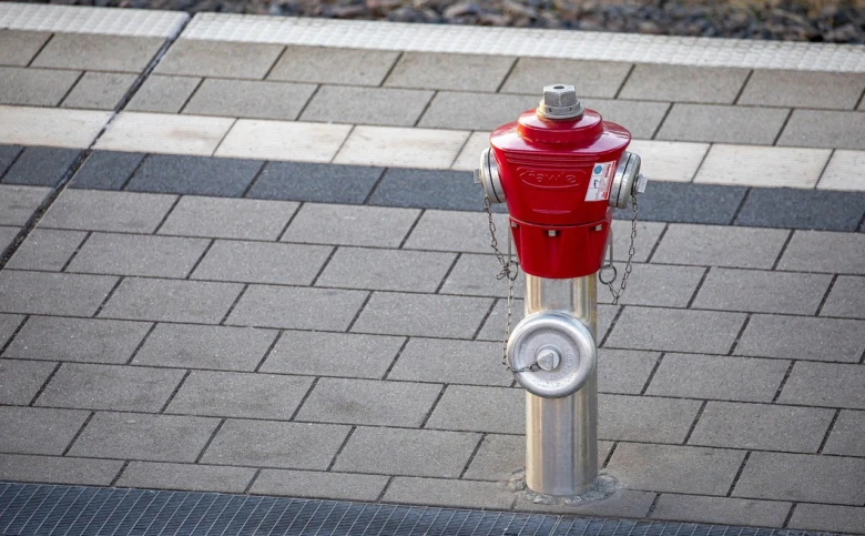 Červený požární hydrant na dlažbě chodníku.