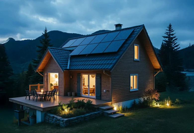 Dřevěný dům s fotovoltaickými panely na střeše.