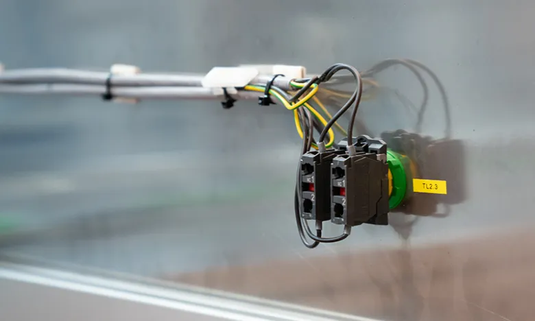 Černé elektrické konektory s připojenými vodiči v skleněném krytu.