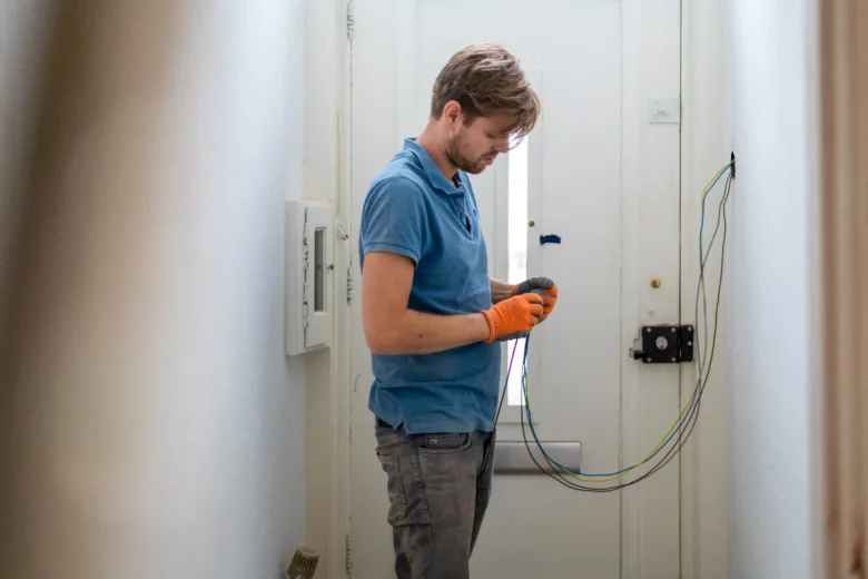 Elektrikář opravuje odhalené vodiče uvnitř zdi pro odstranění úniku elektřiny.