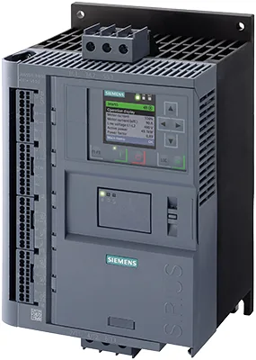 Šedý elektromotorový softstartér značky Siemens s displejem.