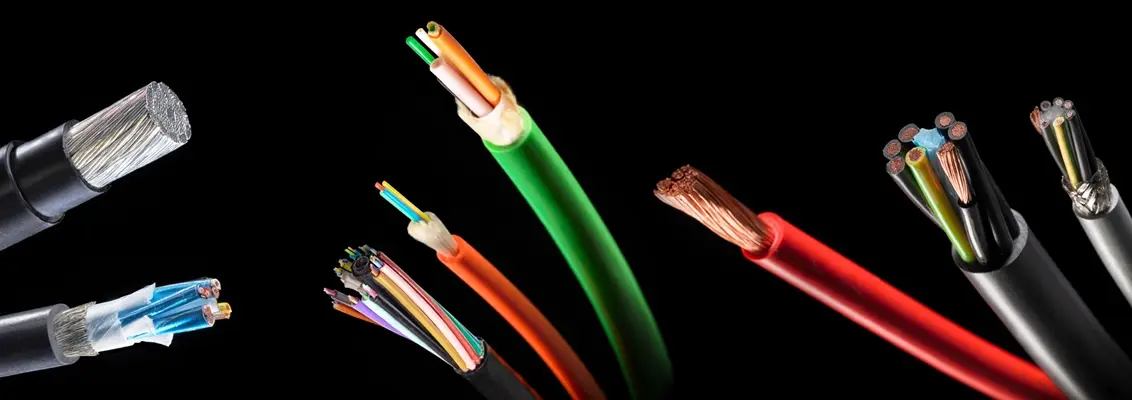 Průřezy elektrických kabelů s měděnými vodiči a barevnou izolací.