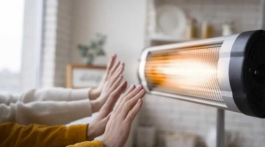 Ruce se dotýkají elektrického topného tělesa v interiéru.