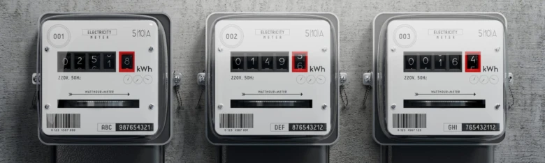 Tři elektroměry s čitelnými čísly pro odečet domácnosti.
