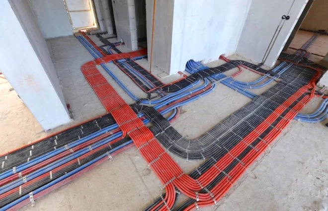 Kabely pro elektrické zapojení podlahy v bytě během instalace.