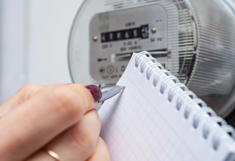 Ruka zapisuje čísla z elektroměru do sešitu pro sledování spotřeby energie.