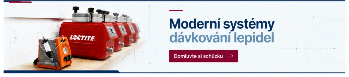 Červené systémy dávkování lepidla značky LOCTITE na polici.
