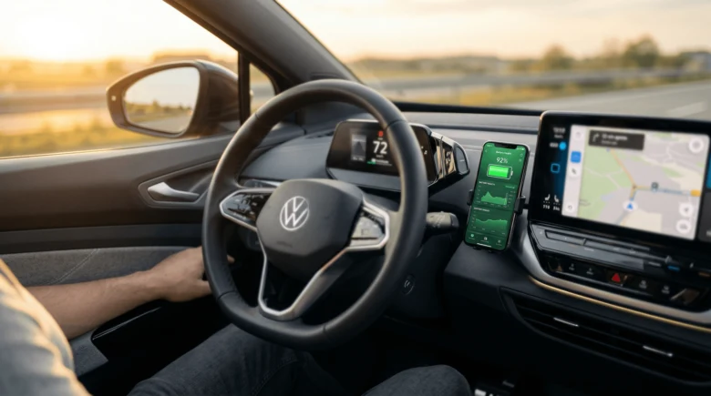 Vnitřek elektromobilu s displejem ukazujícím stav baterie na telefonu.