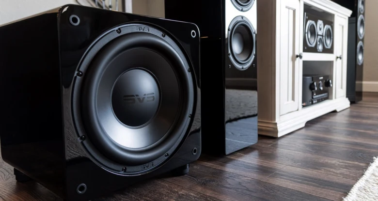 Černý subwoofer značky SVS vedle reproduktorů v obýváku.