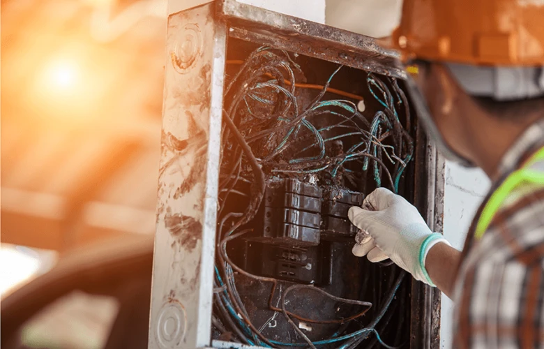 Elektrikář opravuje rozvaděč s přehnanými vodiči.