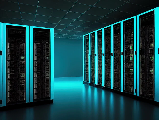 Moderní serverovna s osvětlenými modrými racky pro servery.