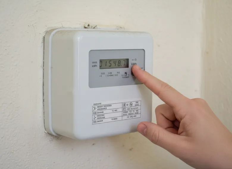 Ruka stiská tlačítko na elektroměru pro zobrazení čtení.