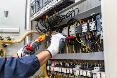 Elektrikář měří napětí v rozvaděči s pomocí multimetru.